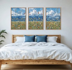 Large Blue Seaside Wildflower Framed Canvas Wall Art, Modern Decor 48”x24”