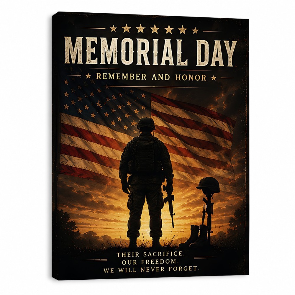 Memorial Day Canvas Art American Flag Soldier Patriotic Wall Decor Military Gift
