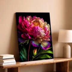 Wall Art Pink Peony Flower Bloom Floral Print Canvas Poster Black Background