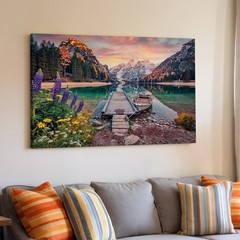 Lake Mountain Landscape Canvas Wall Art with Dock Boat and Colorful Flowers