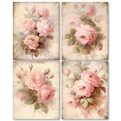 Wall Art Prints Vintage Pink Floral Set of 4 8×10 Inches Shabby Chic Botanical