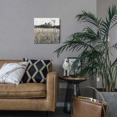 Vintage Farmhouse Canvas Print – Rustic Flower Field Landscape Art 14×14″