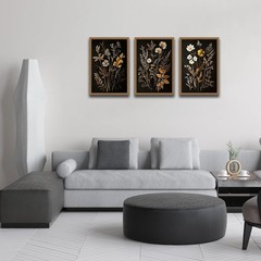 3Pcs Vintage Black Flower Wall Art – Moody Botanical Canvas Prints 12x16in