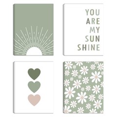 Boho Wall Art Set of 4 Sage Green Nursery Wall Decor You Are My Sunshine Canv…