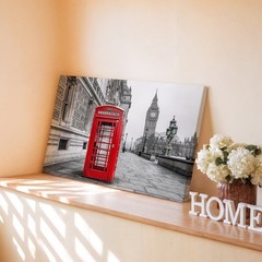 Red London Telephone Booth Canvas Wall Art with Big Ben Black and White Print