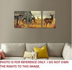 Wijotavic Rustic – Farm life Set of 3 Canvas Wall Prints, Deer & Tractor – NEW
