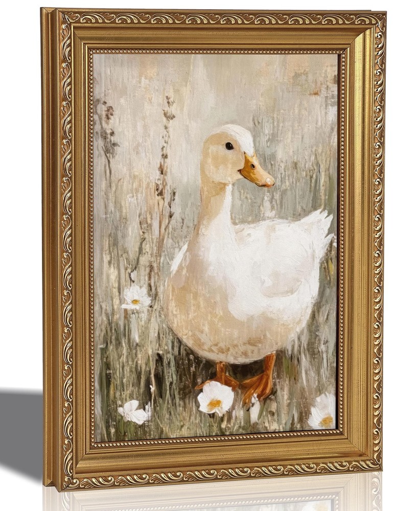 Gold Framed Vintage Duck Canvas Wall Art Cute Farmhouse Animal Oil Painting P…