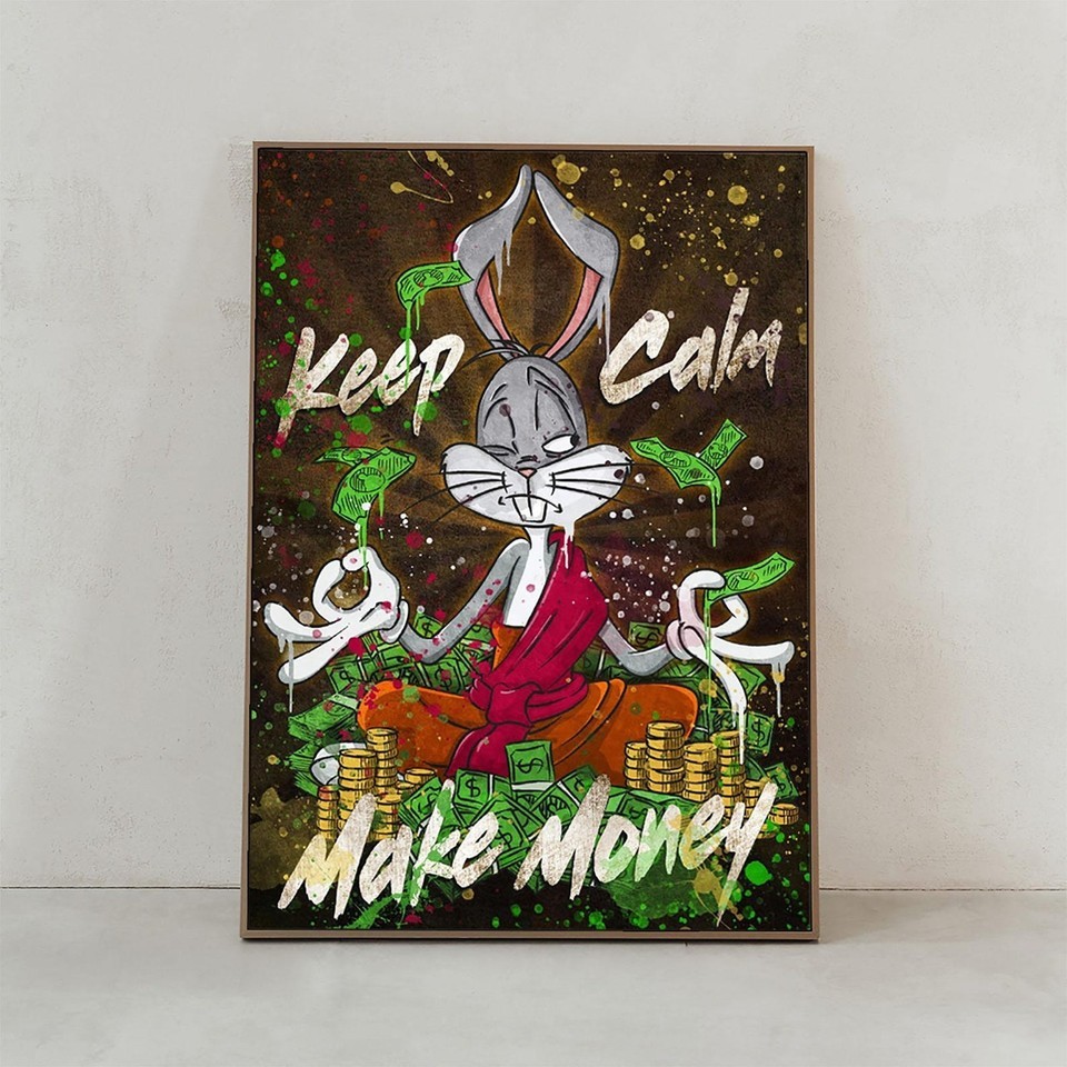Cartoon Bunny Keep Calm Make Money Poster, Funny Office Wall Art, Unframed