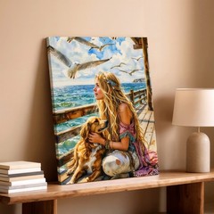 Wall Art Coastal Woman with Golden Retriever on Pier Seagulls Ocean Canvasendoft