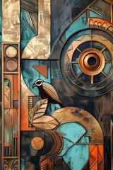 Abstract Art Deco Style Wall Art Print on Canvas Modern Gold Teal Copper Artwork
