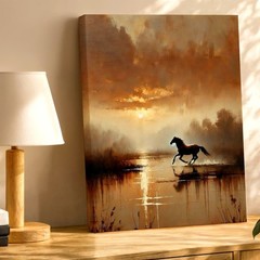 Canvas Running Horse Misty Lake In Sunset Landscape Modern Aesthetic Gift Decor