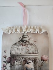 Bird Print Wood Wall Cottage Decor, Lace and Wood Bird Wall Hanging