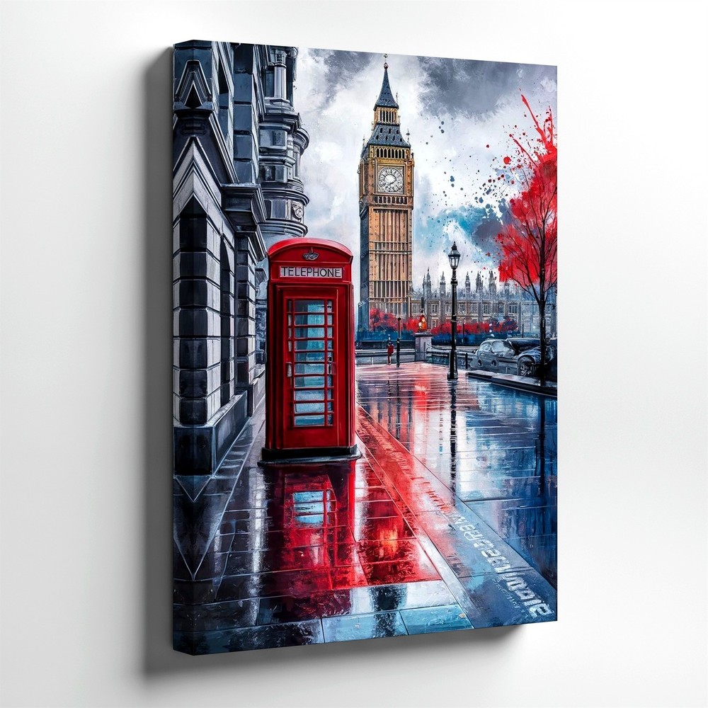 Wall Art London Big Ben Red Telephone Booth Rainy Street Cityscape Print Decor