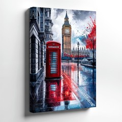 Wall Art London Big Ben Red Telephone Booth Rainy Street Cityscape Print Decor