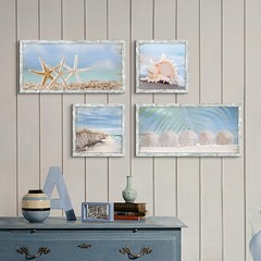 Starfish Prints Wooden Wall Art: Ocean Art Set of 4 Seashell Pictures Collection