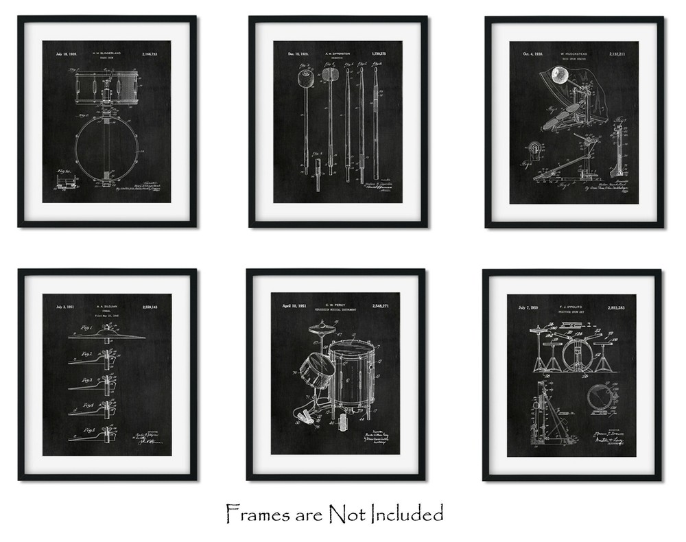 Set of 6 Chalkboard Patent Art Prints of Drums (8×10) Gifts for a Drummer Snare
