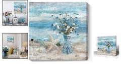 Serene Coastal Wall Art – 14×14 Framed Blue Ocean & Daisy Canvas Print