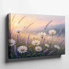Daisy and Lavender Field Canvas Wall Art Floral Landscape Sunset Nature Print