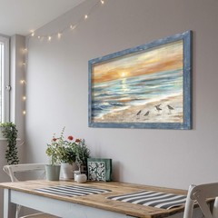 Framed Sunset Beach Wall Art: Modern Coastal Sea Birds Wooden Painting Rustic…