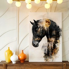 Wall Art Black Horse Forest Moon Portrait Fantasy Animal Canvas Print Decor