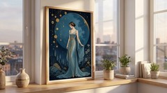 Art Deco Woman Poster Light Blue Gold Full Moon 1920s Goddess Wall Art Print