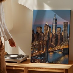 New York City Skyline Canvas Wall Art With Brooklyn Bridge Evening Lights Print