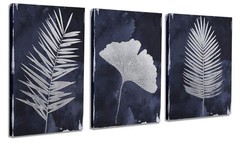 Navy Blue Botanical Leaf Canvas Wall Art Set 3 Panels 48×24 Framed