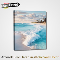 Coastal Ocean Wave Wall Art Decor Seascape Beach Painting Picture Artwork Blue O