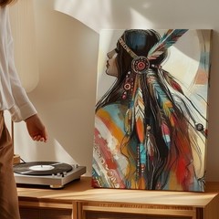 Native American Woman Feather Headdress Colorful Abstract Canvas Wall Art Print