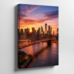 New York City Skyline Sunset Canvas Wall Art Brooklyn Bridge Urban Decor Print