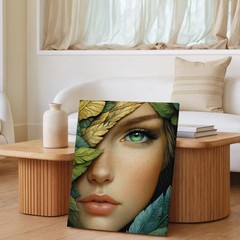 Green Eyed Woman Face With Gold And Green Leaves Canvas Wall Art Decor Art Print