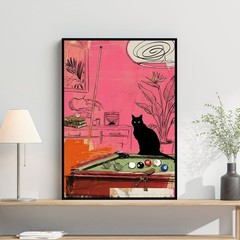 Retro Pink Cat Billiards Wall Art Poster, Black Cat Poster, Home Decor