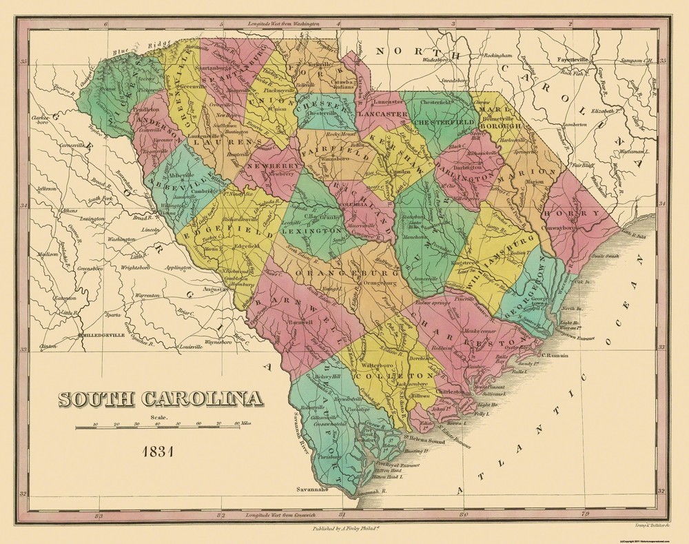Historic State Map – South Carolina – Finley 1831 – Vintage Wall Art
