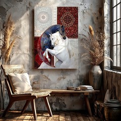 Wall Art White Black Horse Persian Rug Pattern Vintage Office Animal Home Decor