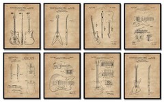 Unique Guitar Lovers Gifts for Men and Women Set 8 Patent Art Prints w. Frames