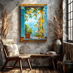 Wall Art Coastal Window View Orange Tree Mediterranean Seascape Canvas Print