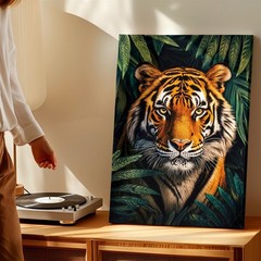 Canvas Tiger Face Portrait Jungle Leaves Wildlife Animal Home Gallery Print