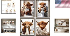 4Pcs Funny Highland Cow Wall Art Pictures, Rustic Cow Canvas Prints for Bathr…