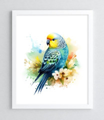 Budgie Wall Art Print, Cute Blue Parakeet and Flowers Art Print, Wall Art Decor