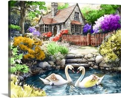 English Cottage Swans & Flower Art Water Pond Gallery Canvas Print Painting