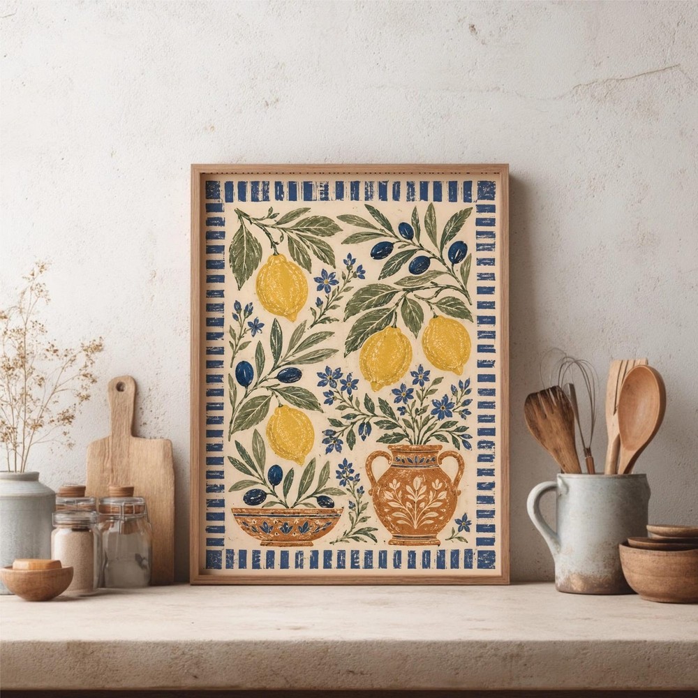 Mediterranean Lemon Wall Art, Vintage Botanical Tuscan Kitchen Decor