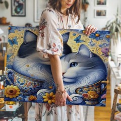 Blue and White Cats in Colorful Teacups with Flowers and Butterfly Canvas Art