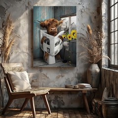 Rustic Highland Cow Reading Newspaper Canvas Wall Art Farmhouse Decor Print