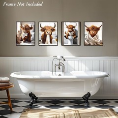 4Pcs Funny Highland Cow Wall Art Pictures, Rustic Cow Canvas Prints for Bathr…