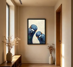 Framed Whimsical Pigeon Wall Art, Blue Birds Oil Painting Canvas Prints, Funn…