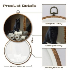 Vintage Black Cat Round Framed Wall Art, Cottagecore Retro Canvas Wall Decor,…