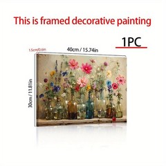 Canvas Art Framed Glass Bottle Wild Cosmos Flower Vintage Still Life Oil Decor