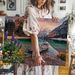 Lake Mountain Landscape Canvas Wall Art with Dock Boat and Colorful Flowers