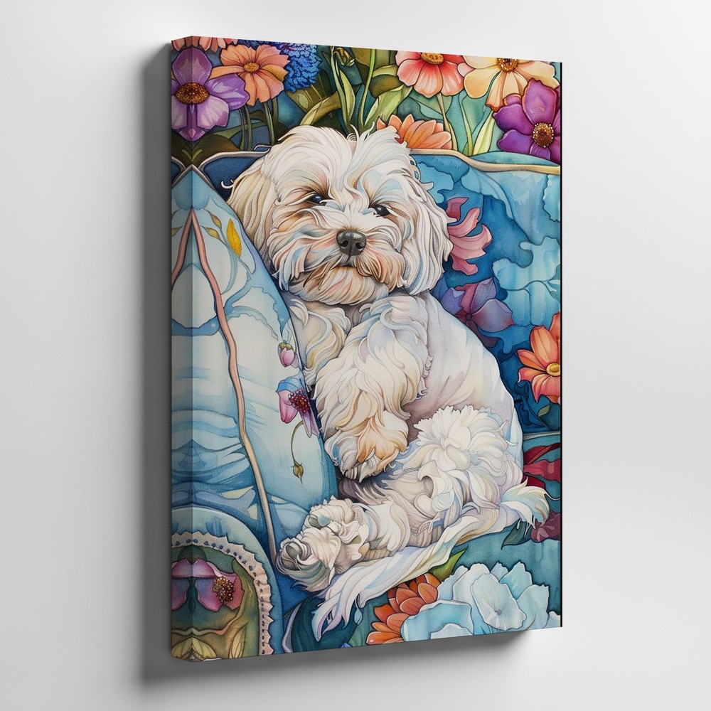 Cute White Dog On Floral Blue Sofa Canvas Wall Art Decorative Print 80X40Cm