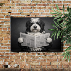 Dog Reading Newspaper Wall Art Black and White
